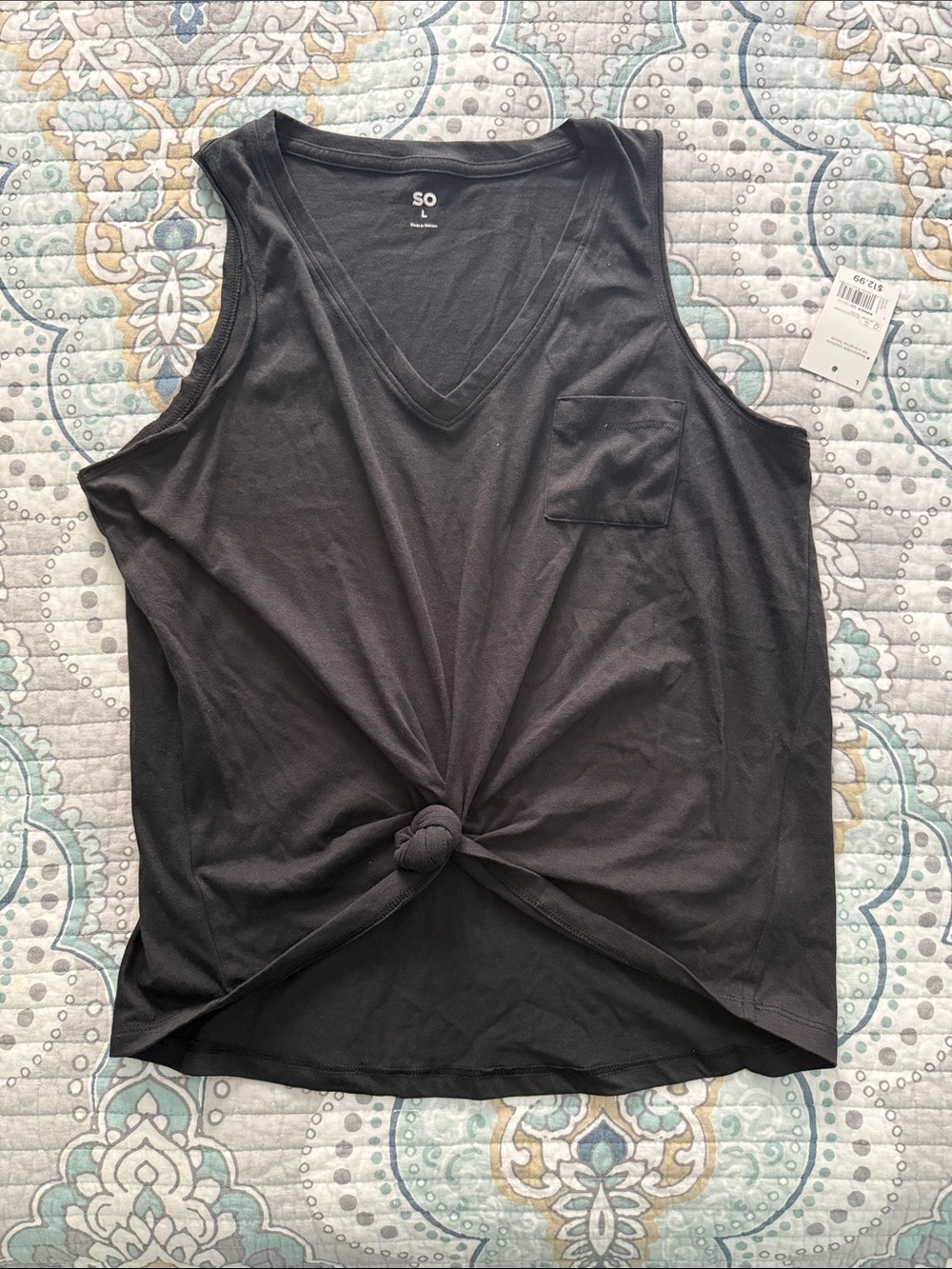 SO Black V-Neck Knot Front Tank with Pocket